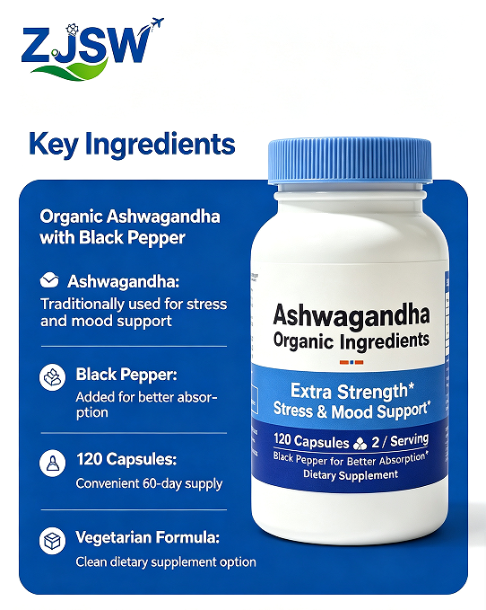 ZJSW Extra Strength Ashwagandha with Black Pepper (120 Vegetarian Capsules)