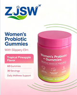 ZJSW Women's Probiotic Gummies with Slippery Elm, Tropical Hawaiian Pineapple Flavor, Supports Feminine Flora & pH Balance, 60 Gummies, 30 Servings