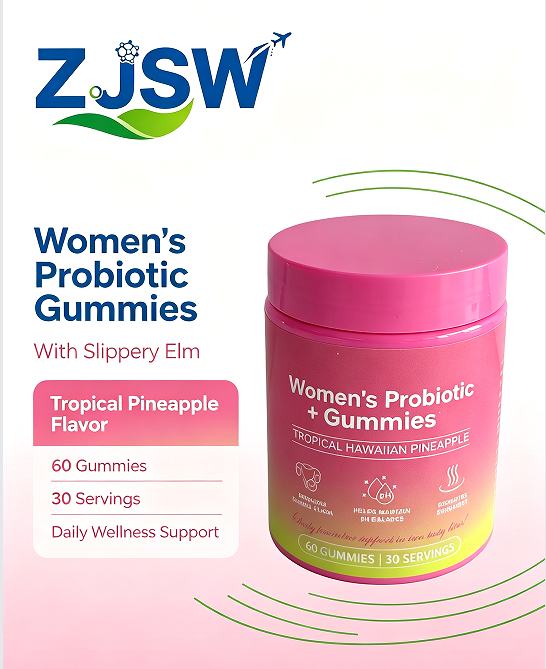 ZJSW Women's Probiotic Gummies with Slippery Elm, Tropical Hawaiian Pineapple Flavor, Supports Feminine Flora & pH Balance, 60 Gummies, 30 Servings