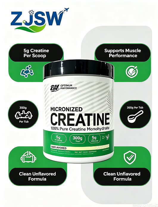ZJSW Micronized Creatine Powder, 100% Pure Creatine Monohydrate, 5g Per Serving, Unflavored, 300g for Muscle Building & Workout Performance