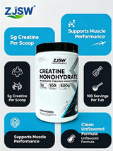 ZJSW Micronized Creatine Monohydrate Powder, 5g Per Serving, 100 Servings (500g), Unflavored Creatine Supplement for Muscle Growth & Workout Performance