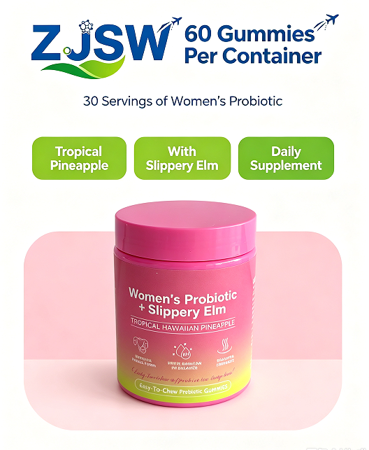 ZJSW Women's Probiotic Gummies with Slippery Elm, Tropical Hawaiian Pineapple Flavor, Supports Feminine Flora & pH Balance, 60 Gummies, 30 Servings