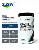 ZJSW Micronized Creatine Monohydrate Powder, 5g Per Serving, 100 Servings (500g), Unflavored Creatine Supplement for Muscle Growth & Workout Performance