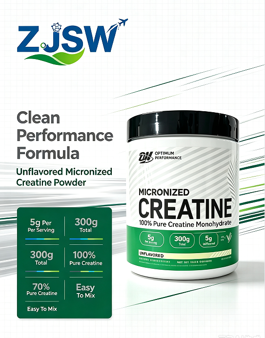 ZJSW Micronized Creatine Powder, 100% Pure Creatine Monohydrate, 5g Per Serving, Unflavored, 300g for Muscle Building & Workout Performance