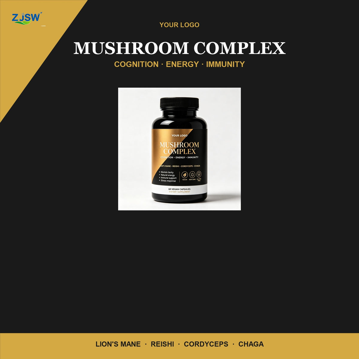 OEM/ODM Mushroom Complex Supplement – 60 Vegan Capsules | Lion's Mane, Reishi, Cordyceps & Chaga