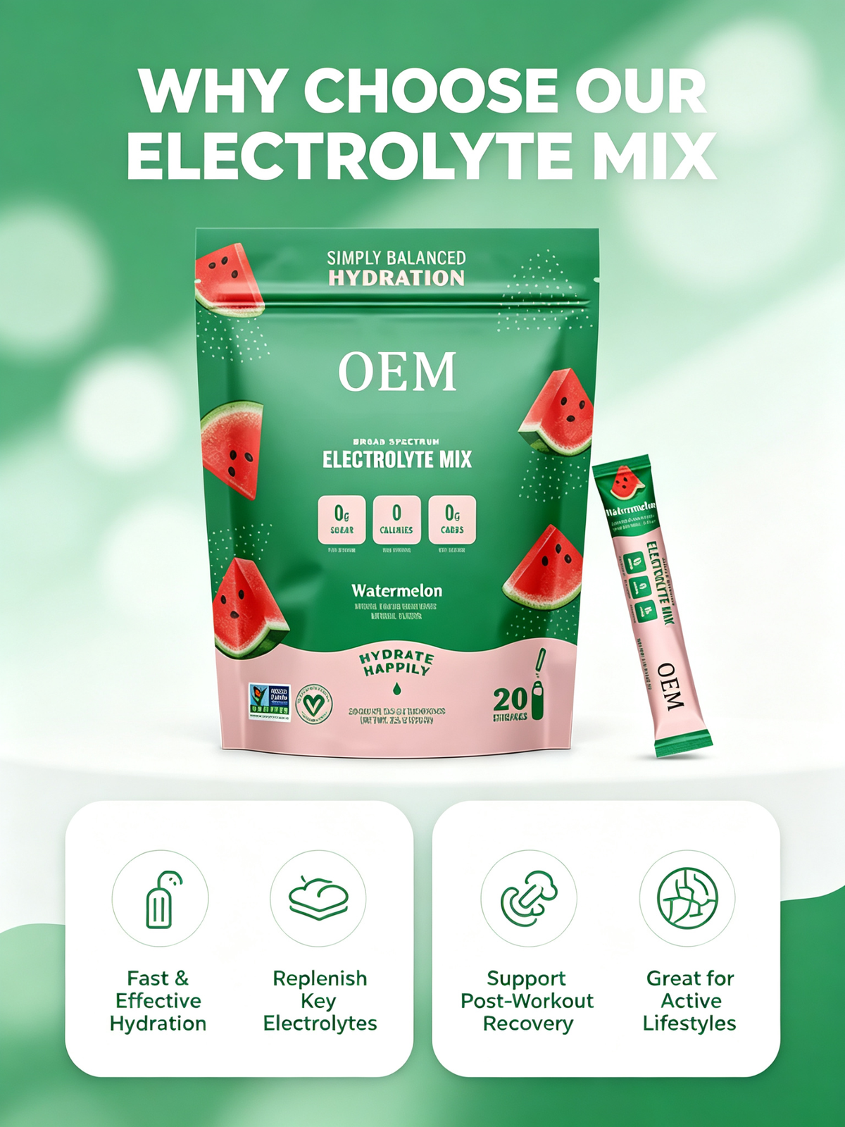 Watermelon Electrolyte Drink Mix Powder | 20 Stick Packs | OEM & Private Label Manufacturer