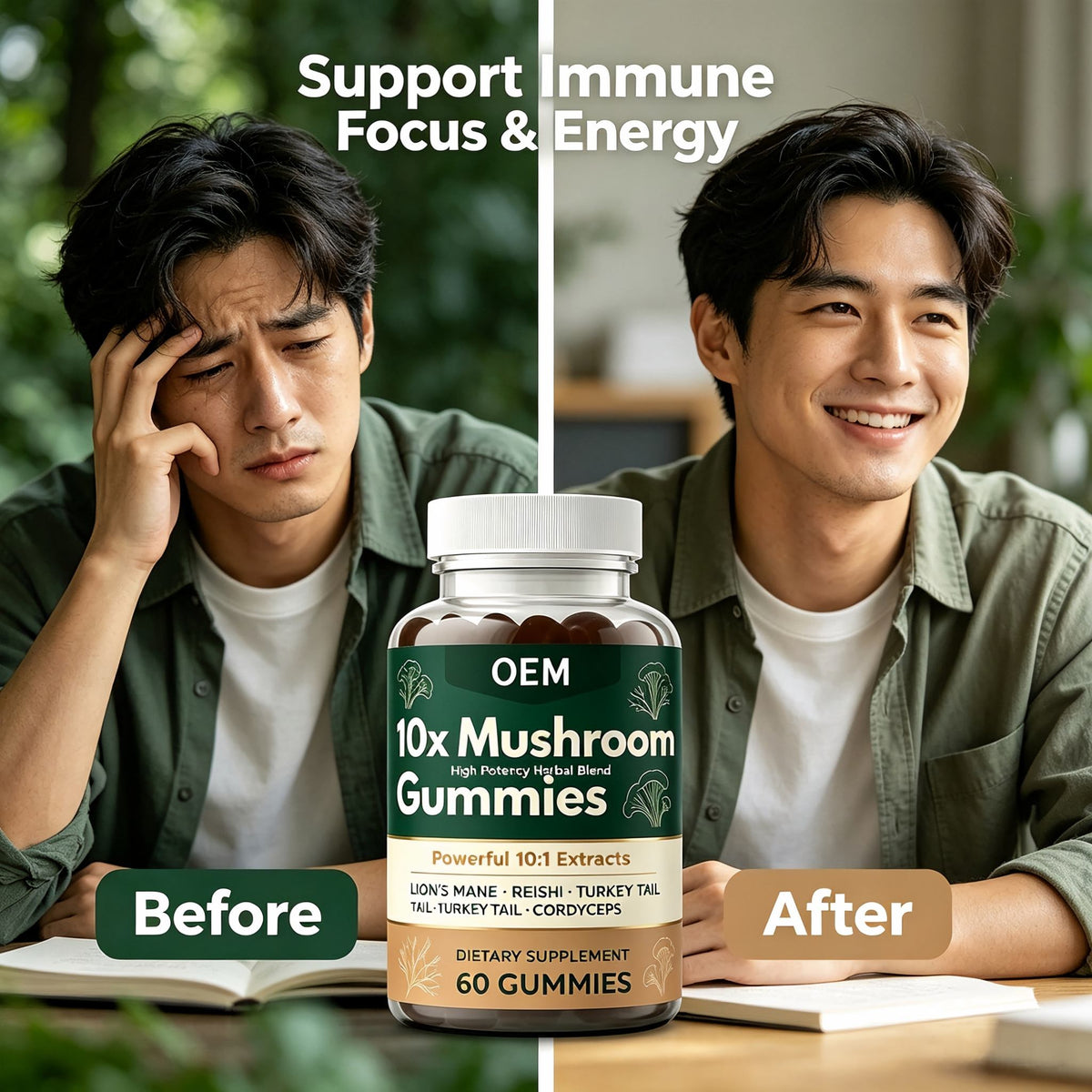 10X Mushroom Complex Gummies – 60 Count Vegan Dietary Supplement (OEM/ODM Private Label)