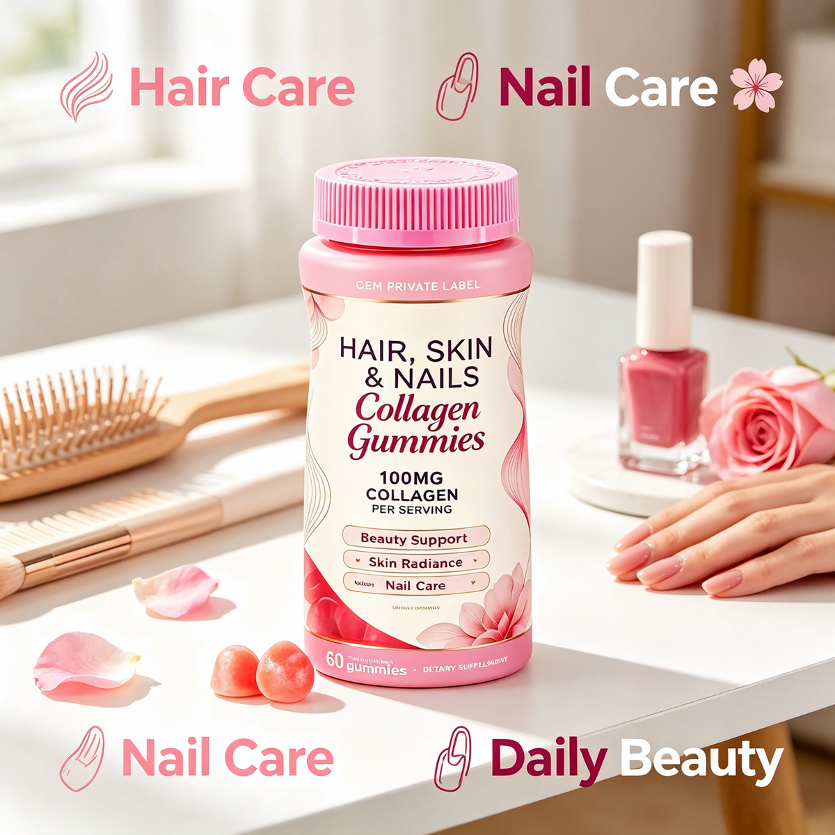Hair Skin and Nails Collagen Gummies – Women Beauty Dietary Supplement (OEM/ODM Private Label)