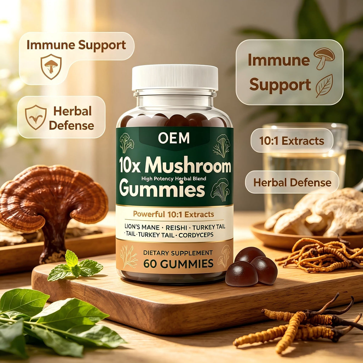 10X Mushroom Complex Gummies – 60 Count Vegan Dietary Supplement (OEM/ODM Private Label)