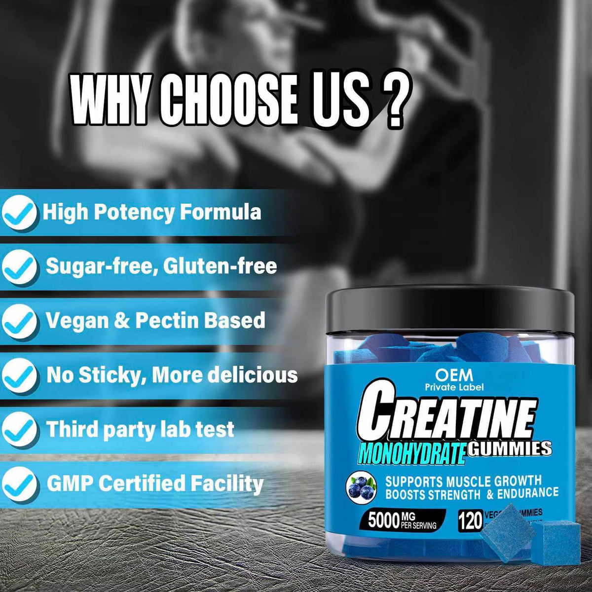 ZJSW Creatine Monohydrate Gummies – Blueberry Flavor 5000mg (120 Vegan Gummies)