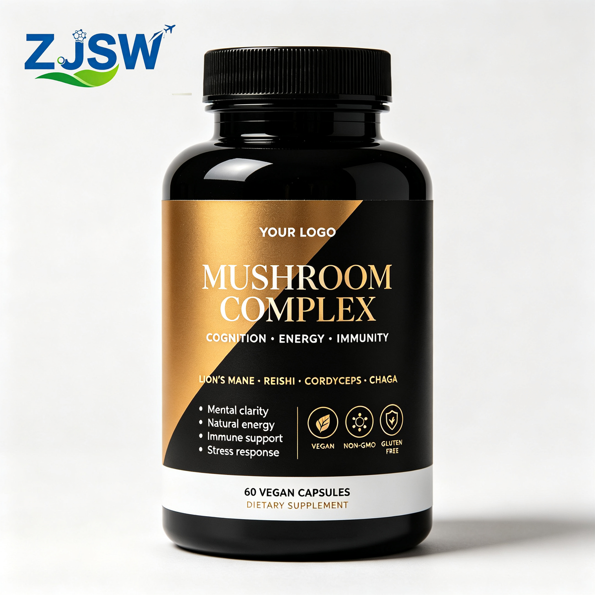OEM/ODM Mushroom Complex Supplement – 60 Vegan Capsules | Lion's Mane, Reishi, Cordyceps & Chaga