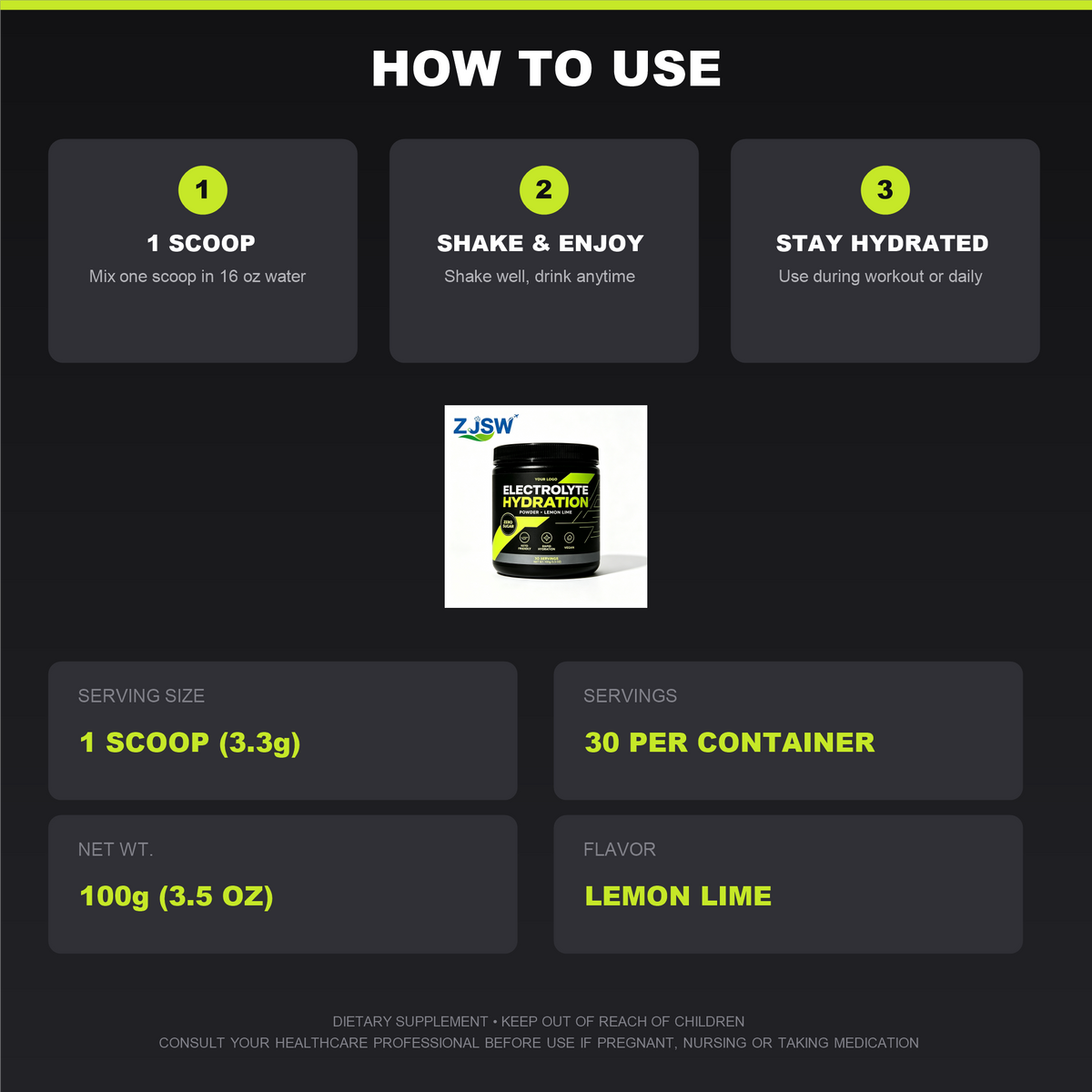 Electrolyte Hydration Powder – Lemon Lime (Zero Sugar, 30 Servings)